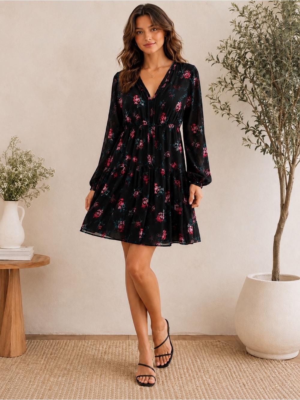 Sz XS A New Day Black Floral Mini Dress Long Sleeve V-Neck Tiered Boho Flowy